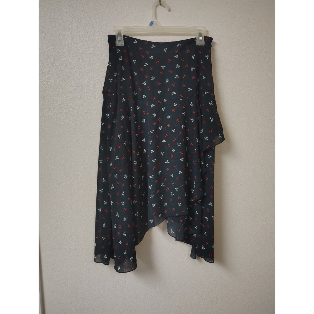 HM Navy Blue Floral Asymmetrical Handkerchief Hem‎ Ruffle Midi Skirt Womens 8